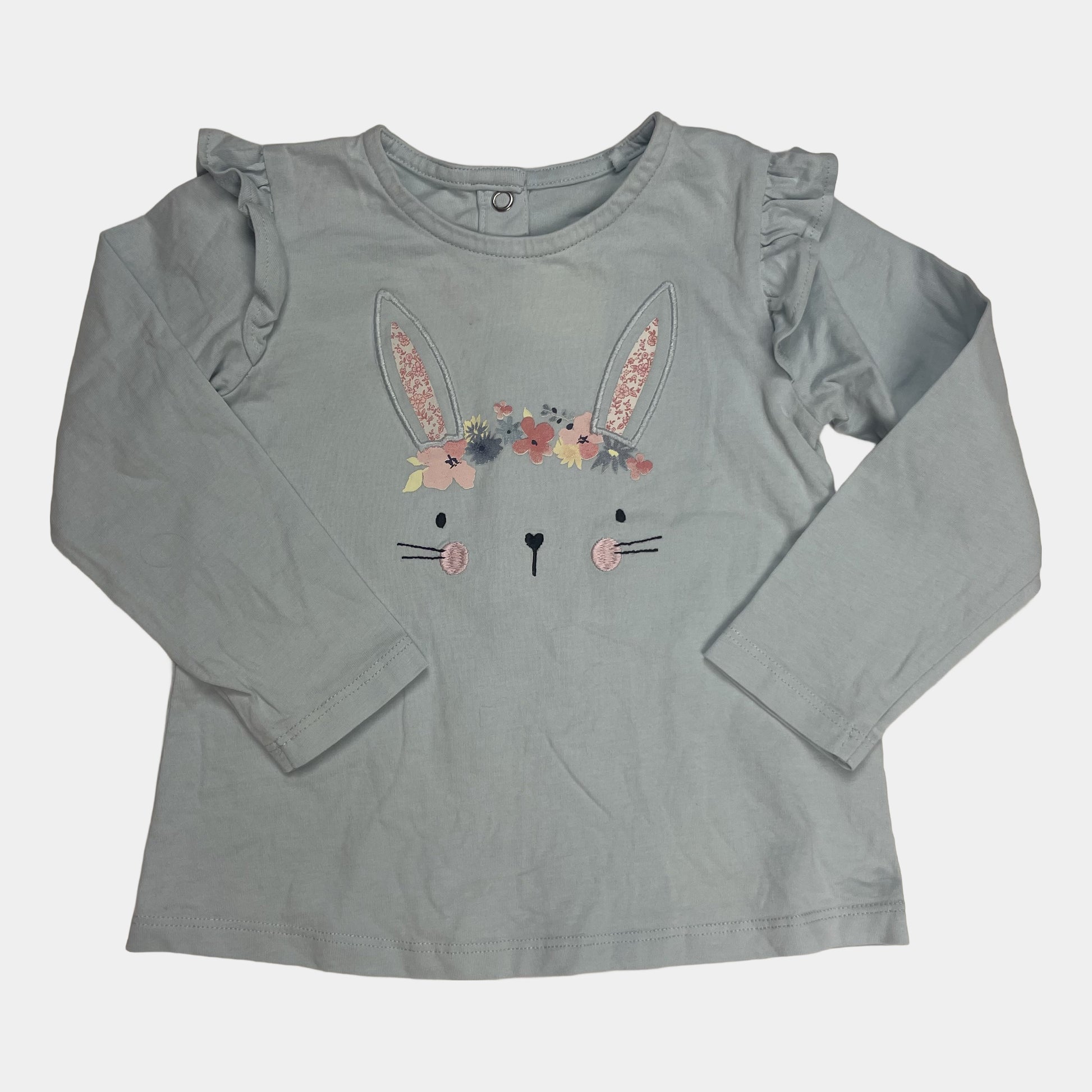 Blaues Langarmshirt mit Hasen-Design und floralen Details – front