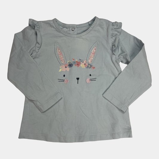 Blaues Langarmshirt mit Hasen-Design und floralen Details – front