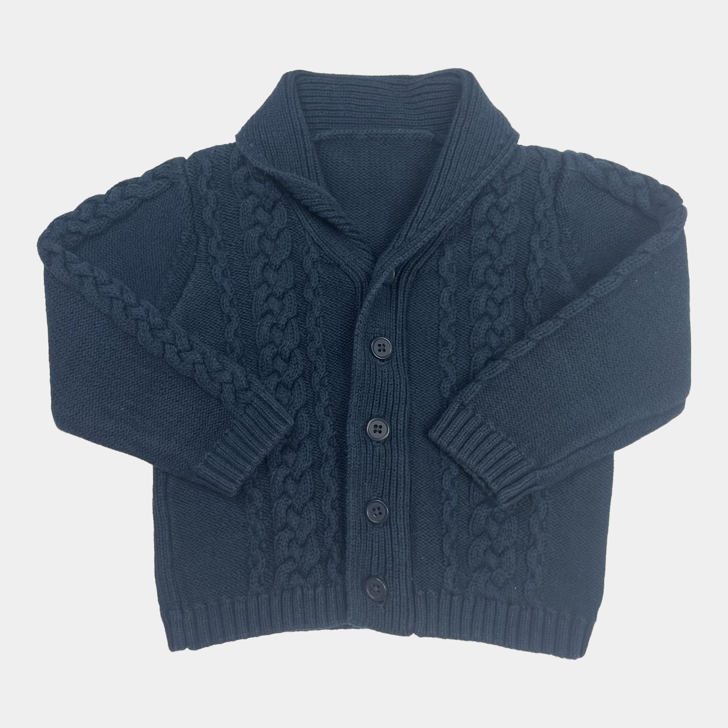 Blaue Baumwoll-Strickjacke mit Zopfmuster und Knopfleiste