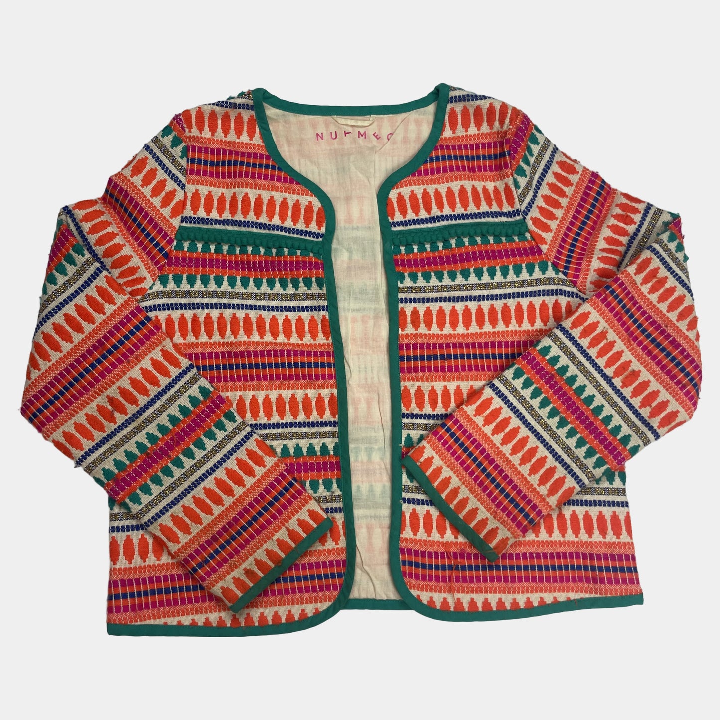 Bunte Strickjacke mit Ethnomuster und grüner Umrandung – front