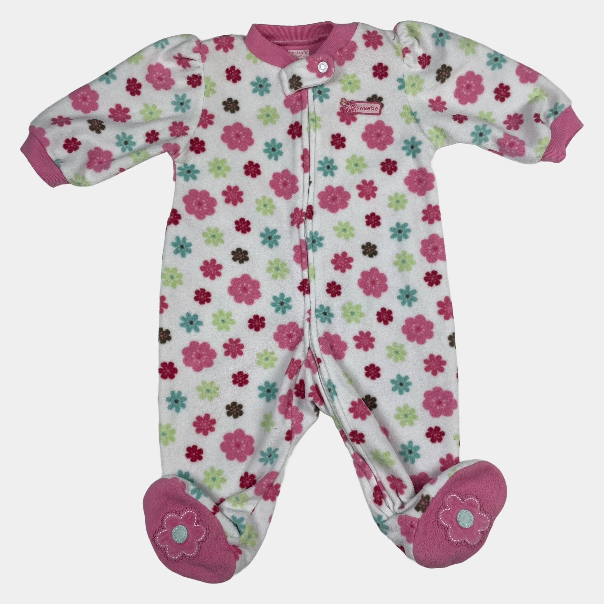 Rosa Polyester Overall mit farbenfrohem Blumenmuster und Fuß – front