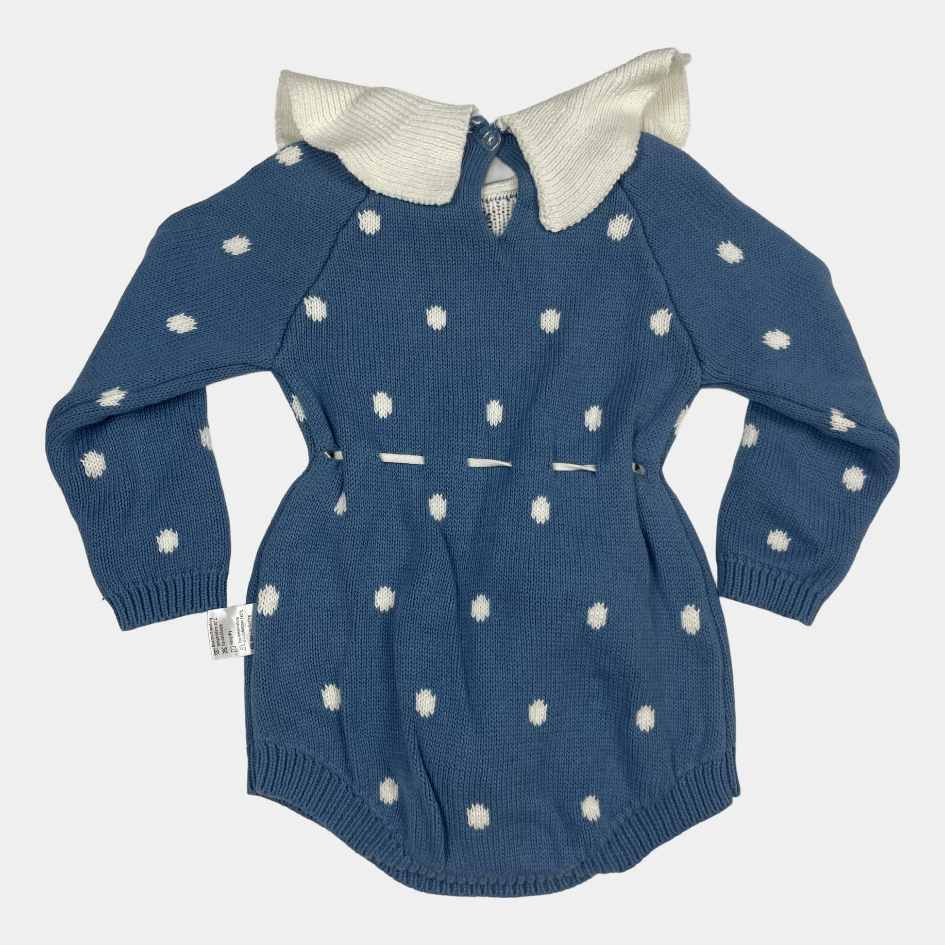 Blauer Baumwolloverall mit Punktmuster und Krempelkragen – back