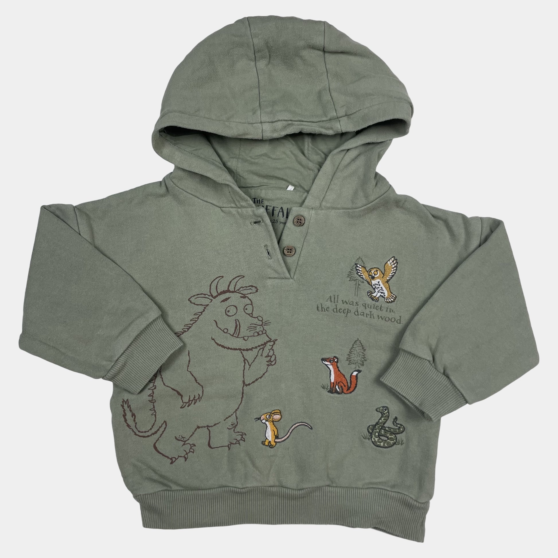 Grüner Kapuzenpullover mit Gruffalo-Motiv und Tierzeichnungen für Kinder – front