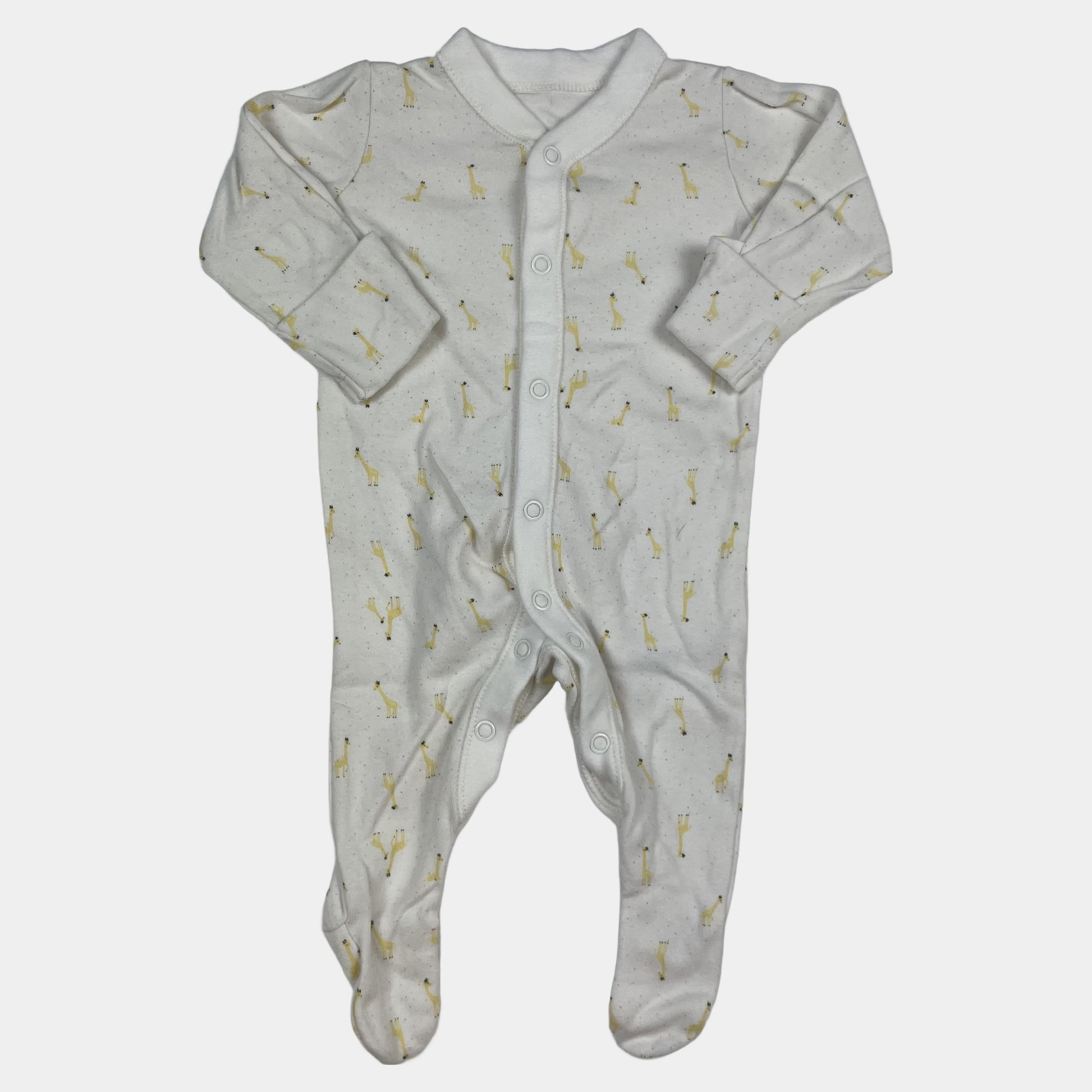 Weißer Baumwoll-Overall mit Giraffenmuster und durchgehender Knopfleiste, Größe 0-3 Monate