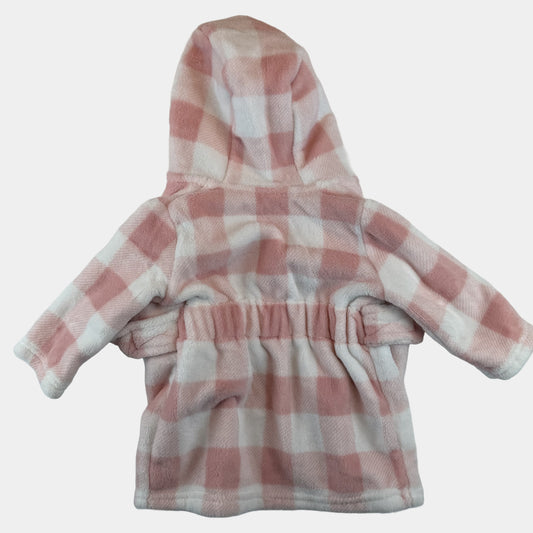 Rosa-weißer Baby-Fleece-Bademantel mit Kapuze und Bindegürtel im Karomuster – back