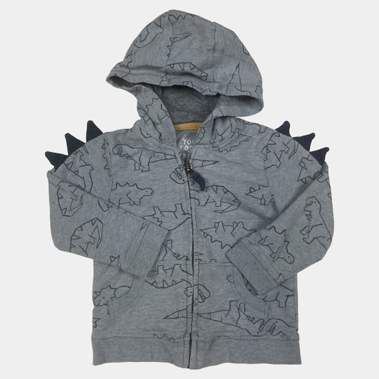 Graue Baumwoll-Jacke mit Dino-Design und Kapuze mit Zacken – front