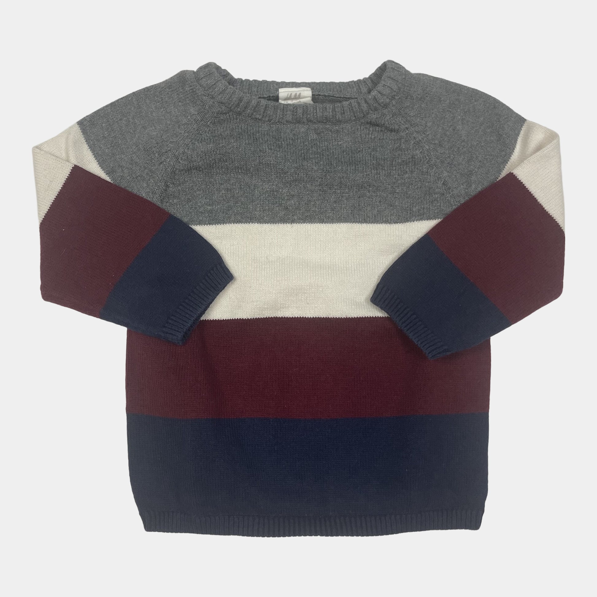 Grauer, roter und blauer Baumwollpullover mit Colorblock-Design – front
