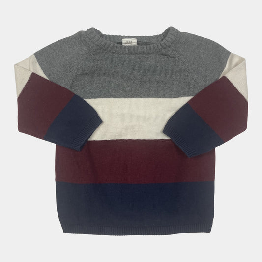 Grauer, roter und blauer Baumwollpullover mit Colorblock-Design – front