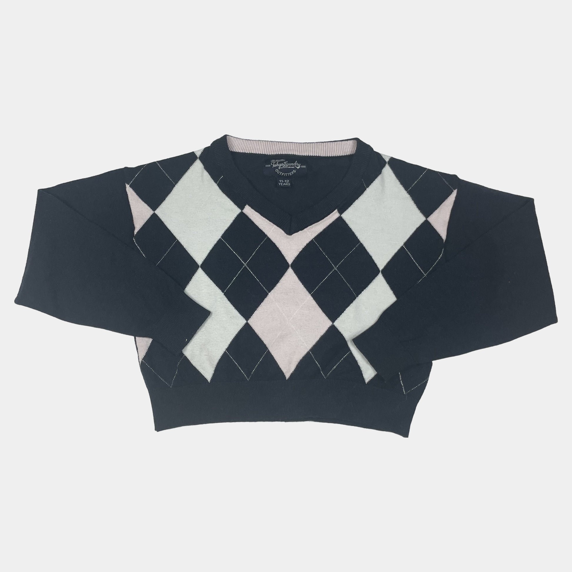 Schwarzer Pullover mit Argyle-Muster in Weiß und Rosa, Größe 11-12 Jahre. – front