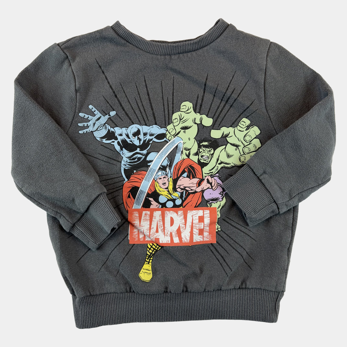 Graues Kinder-Sweatshirt mit großem Marvel-Print und Rippbündchen – front