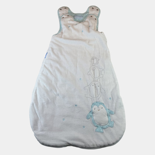 Weißer Baby-Schlafsack mit türkisfarbenem Pinguin-Motiv und Reißverschluss – front