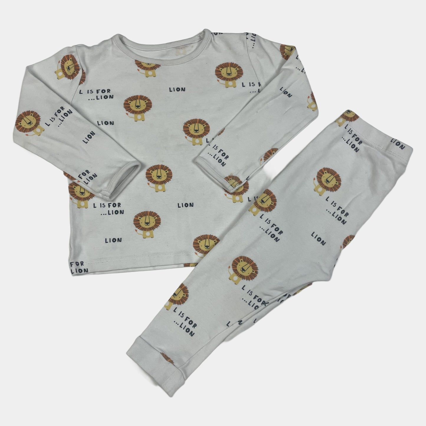 Weißer Baumwoll-Schlafanzug mit Löwenmotiv und langen Ärmeln – front