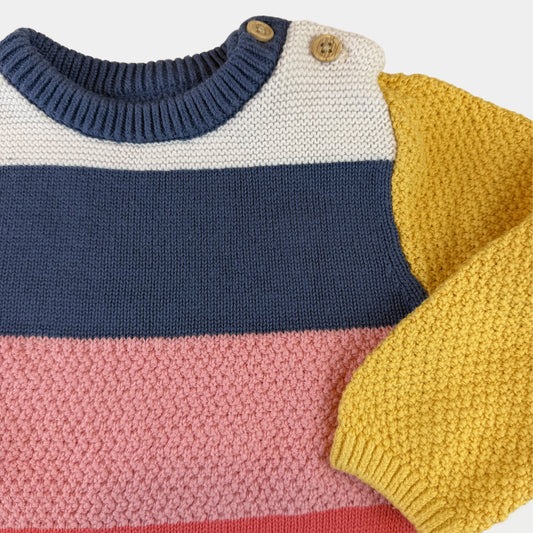 Mehrfarbiges gestricktes Baby-Kleid mit Blockstreifen und Schulterknöpfen – fabric
