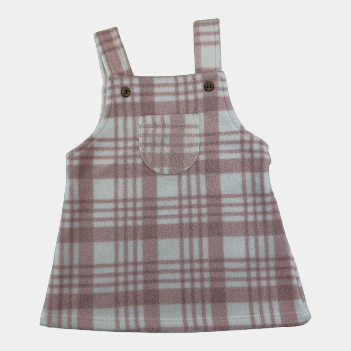 Rosa-weiß kariertes Baby-Latzkleid mit Brusttasche und Knöpfen – front