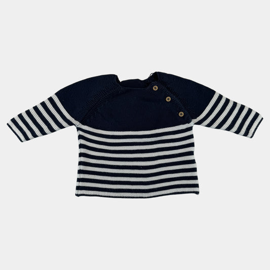 Dunkelblauer Baby-Strickpullover mit weißen Streifen und Schulterknöpfen – front