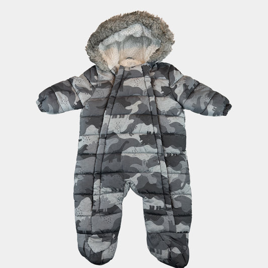 Grauer F&F Baby-Schneeoverall mit Dino-Muster und Kapuze, Größe 6–9 Monate – front