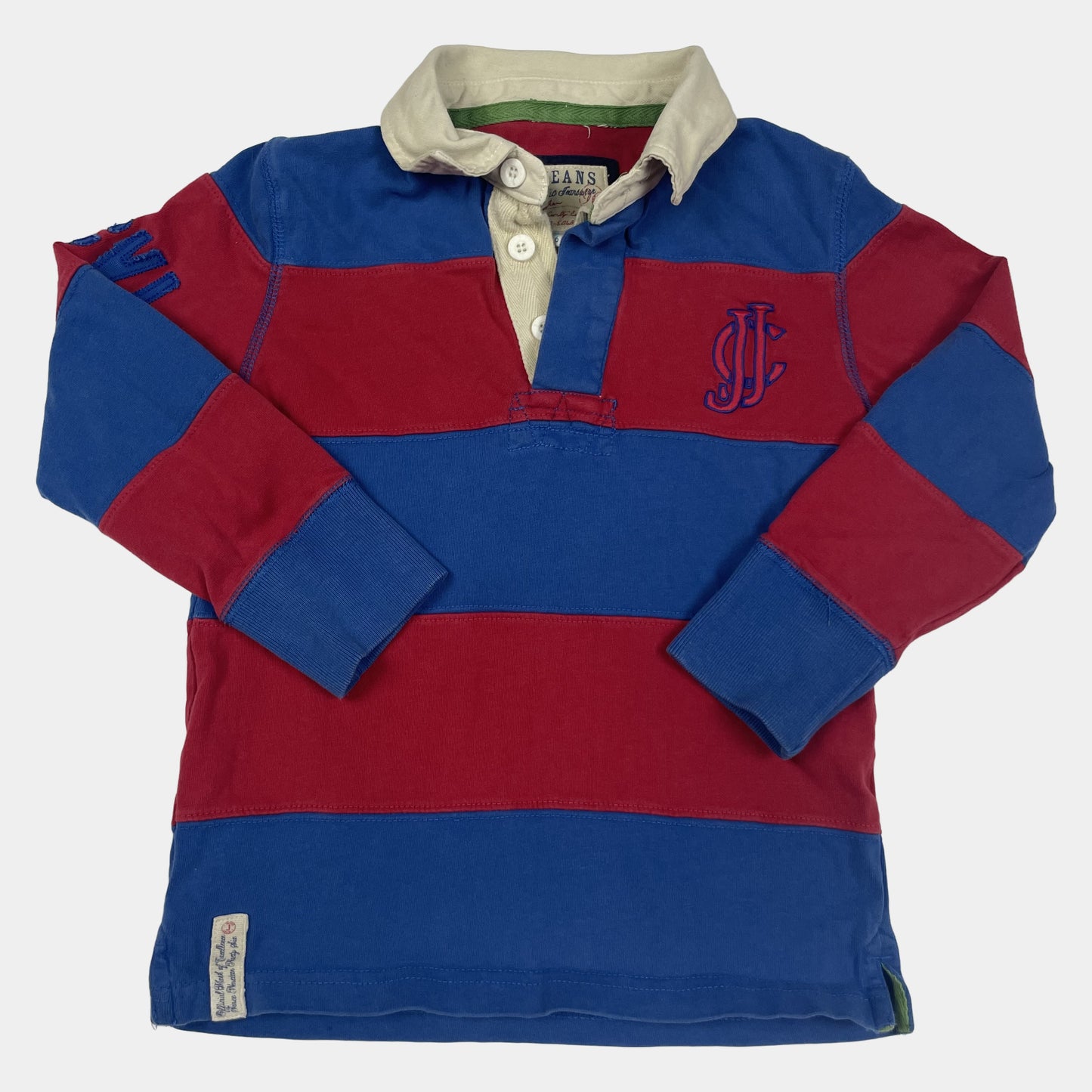 Rotes und blaues Langarmshirt mit Streifenmuster und Kragen – front