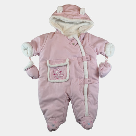 Rosa Baby-Schneeoverall mit Kapuze, Teddyfutter, Füßlingen und Fäustlingen – front