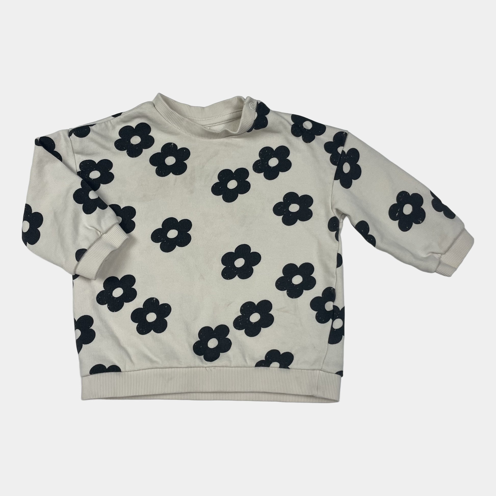 Weißer Baumwoll-Pullover mit schwarzem Blumenmuster – front