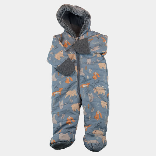 Blauer gefütterter Baby-Winteroverall mit Kapuze und Waldtier-Print – front