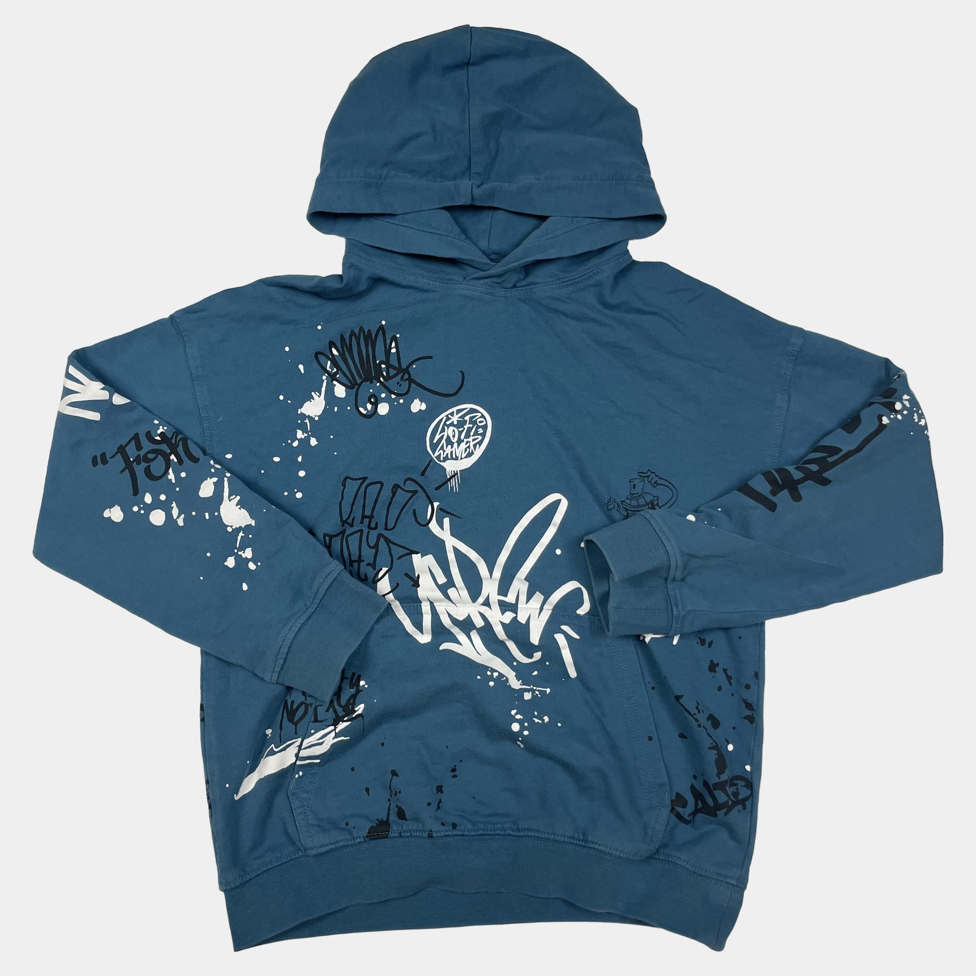 Blauer Kapuzenpullover mit Graffiti-Print für Kinder, Größe 8-10 Jahre. – front