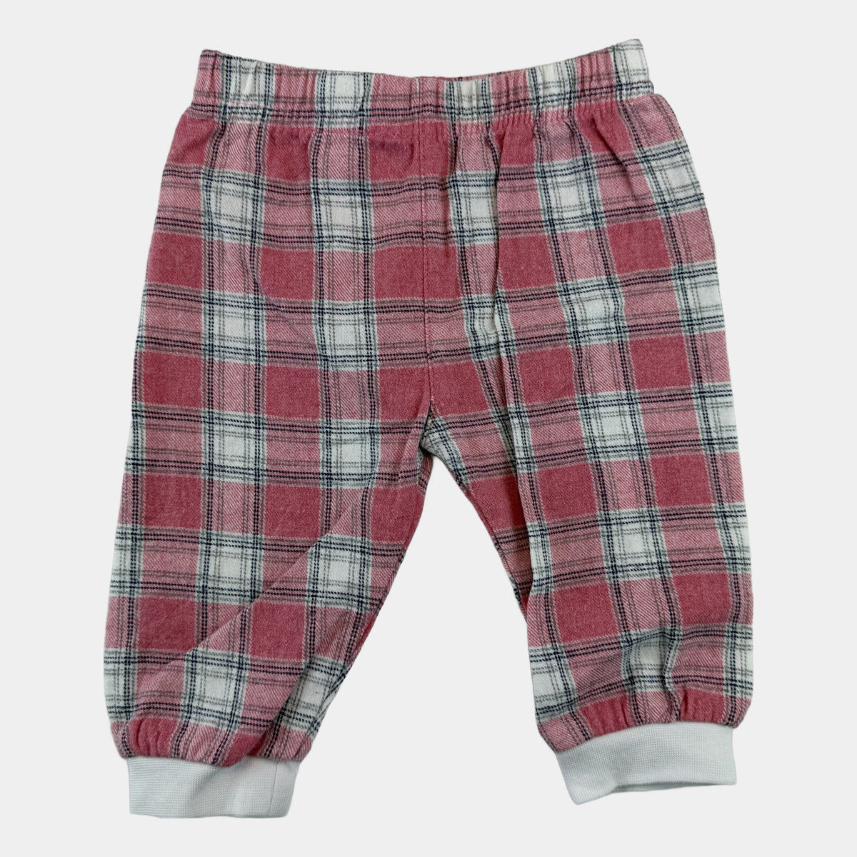 Rosa karierte Babyhose mit elastischem Bund und weißen Bündchen – front