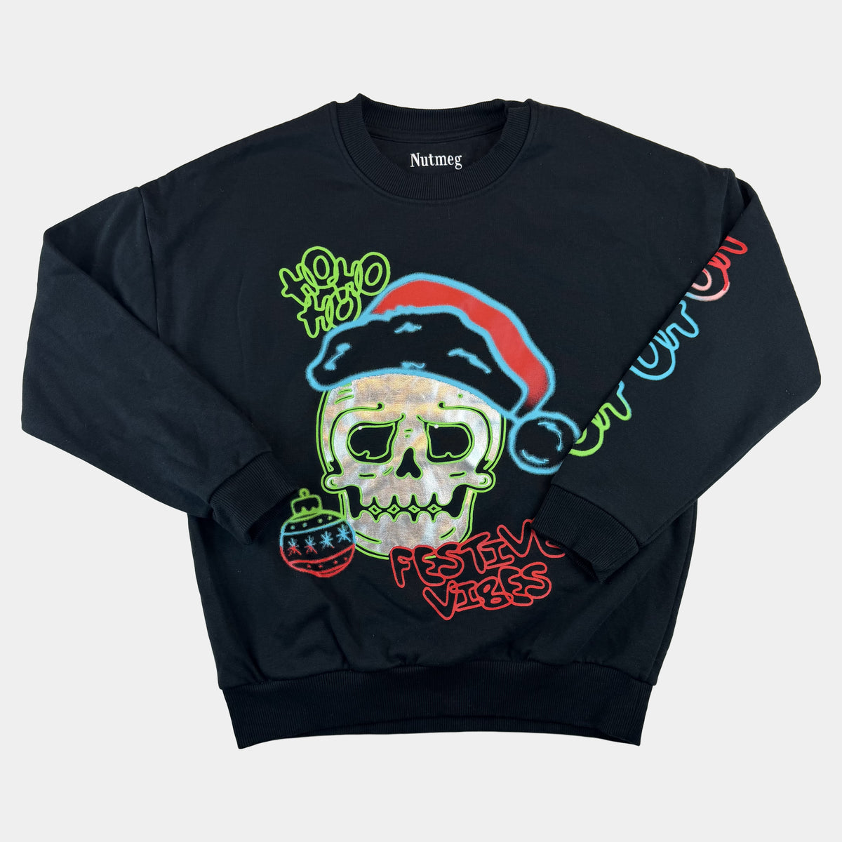 Schwarzes Kinder-Sweatshirt mit Totenkopf-Print und Schriftzug Festive Vibes – front