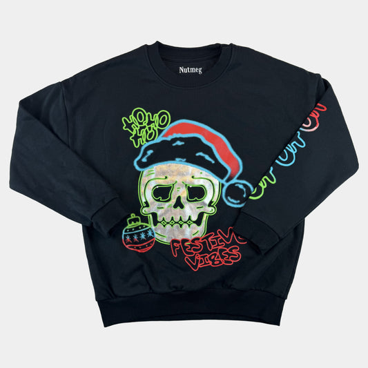 Schwarzes Kinder-Sweatshirt mit Totenkopf-Print und Schriftzug Festive Vibes – front