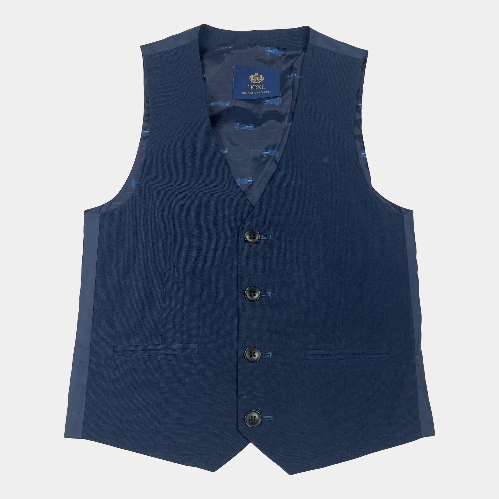 Dunkelblaue Kinderweste von Next mit vier Knöpfen – front