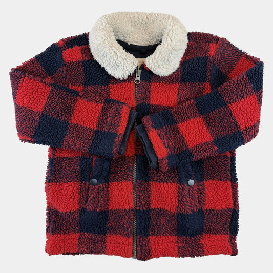 Rot-blaue Teddyjacke für Kinder im Karomuster mit weißem Kragen und Reißverschluss – front