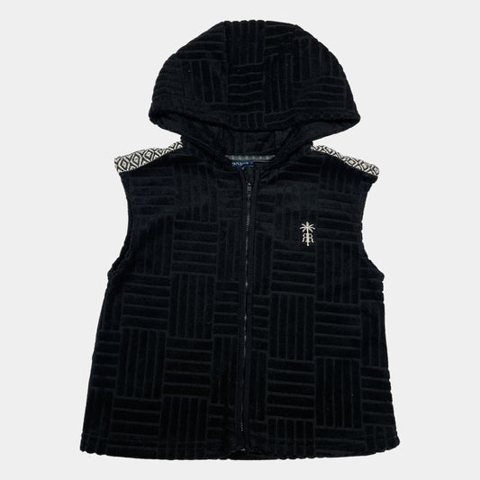 Schwarze Hoodie-Weste mit Kapuze und geometrischem Muster – front