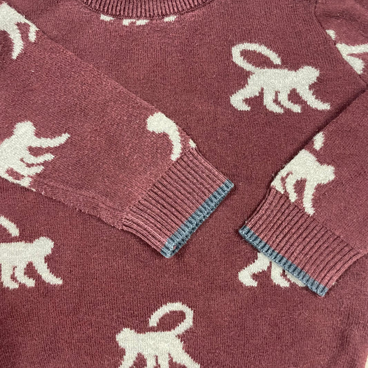 Bordeauxfarbener Baumwollpullover mit grauem Affenmuster und Rundhalsausschnitt. – detail