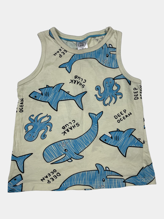 Beiges Tanktop mit Ozean-Motiven wie Haien und Walen, Größe 92/98 cm