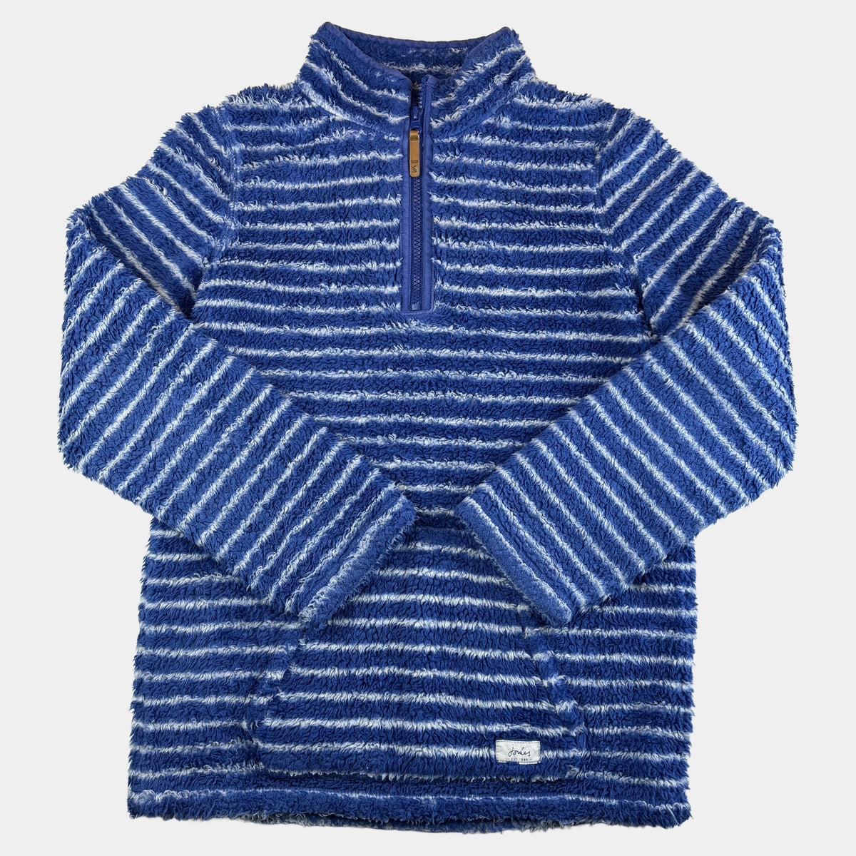 Blauer Fleece-Pullover mit weißen Streifen und kurzem Reißverschluss – front