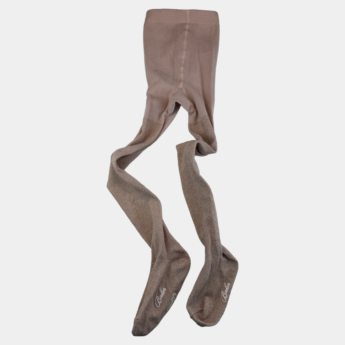 Beige Glitzer-Strumpfhose für Kinder mit baker-Schriftzug am Fuß – front