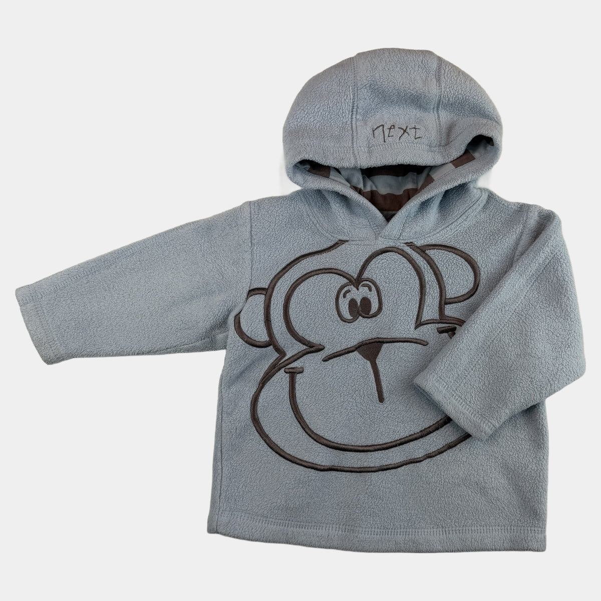 Hellblauer Baby Fleece-Hoodie mit Kapuze und aufgesticktem Tiergesicht – front
