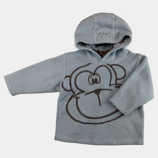 Hellblauer Baby Fleece-Hoodie mit Kapuze und aufgesticktem Tiergesicht – front