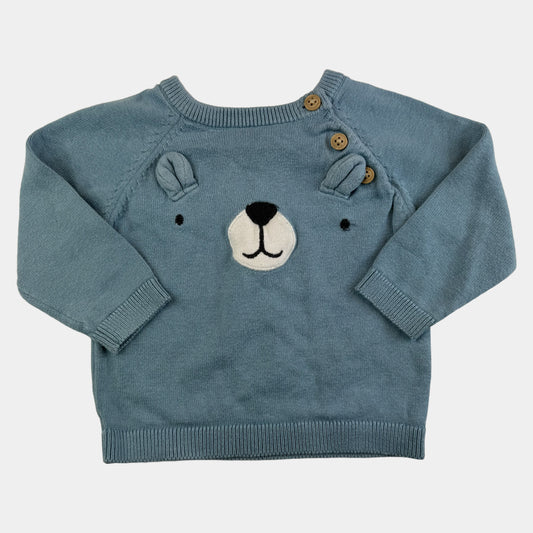 Blauer Baby-Strickpullover mit Bärenmotiv und Knöpfen an der Schulter – front