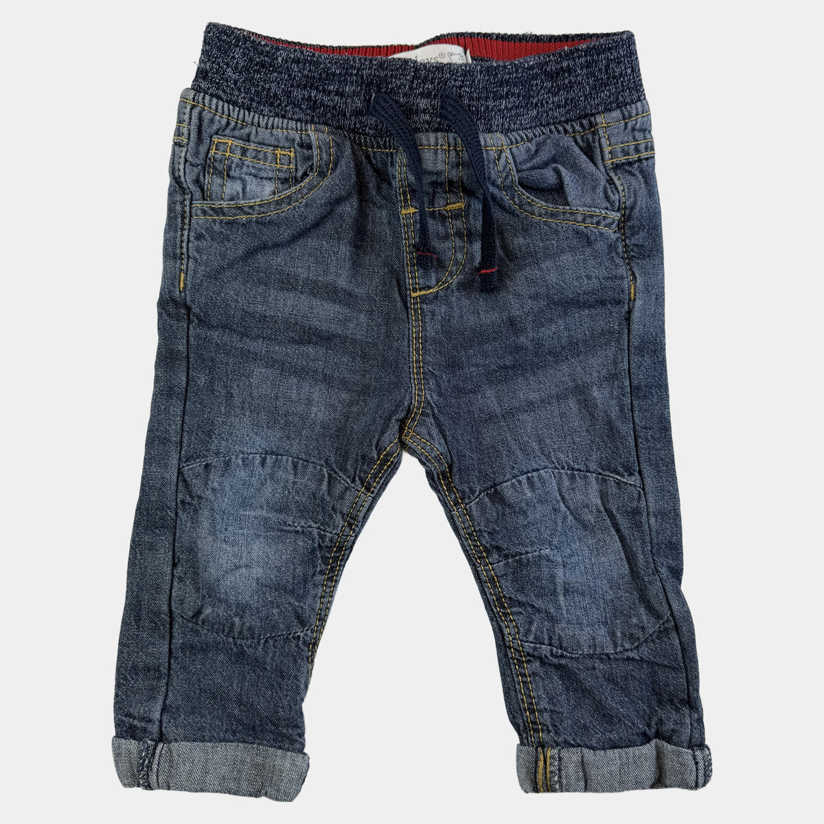 Blaue Baby-Jeans mit elastischem Rippbund und Kordelzug, umgeschlagene Beinabschlüsse – front