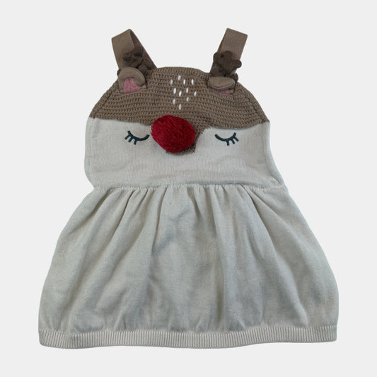Beiges Baby-Strickkleid mit Rentiermotiv und roter Nase – front
