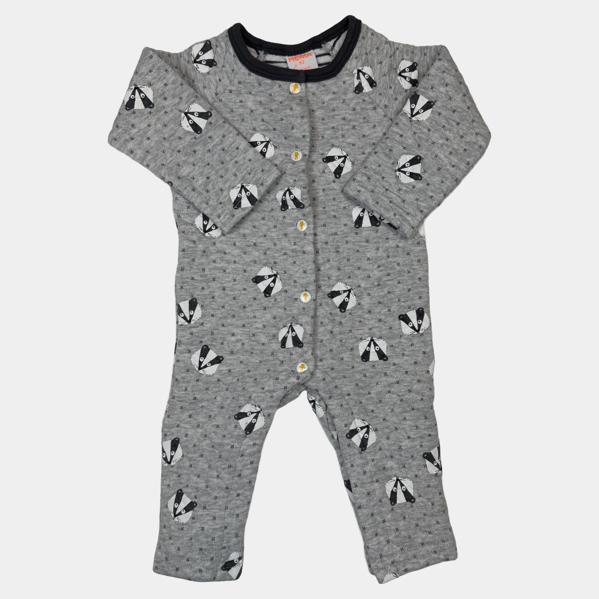 Grauer Baby-Overall mit Dachs-Print und Druckknöpfen – front