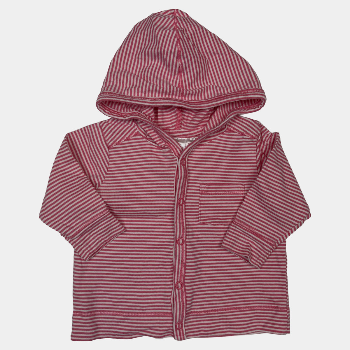 Rosa-weiß gestreifte Baby-Kapuzenjacke mit Knöpfen und Brusttasche – front