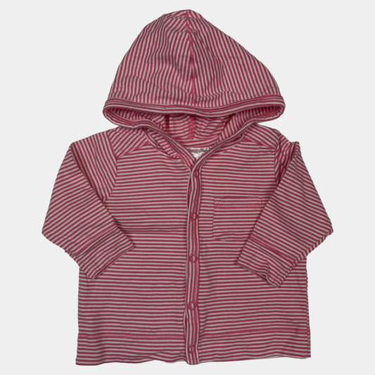 Rosa-weiß gestreifte Baby-Kapuzenjacke mit Knöpfen und Brusttasche – front