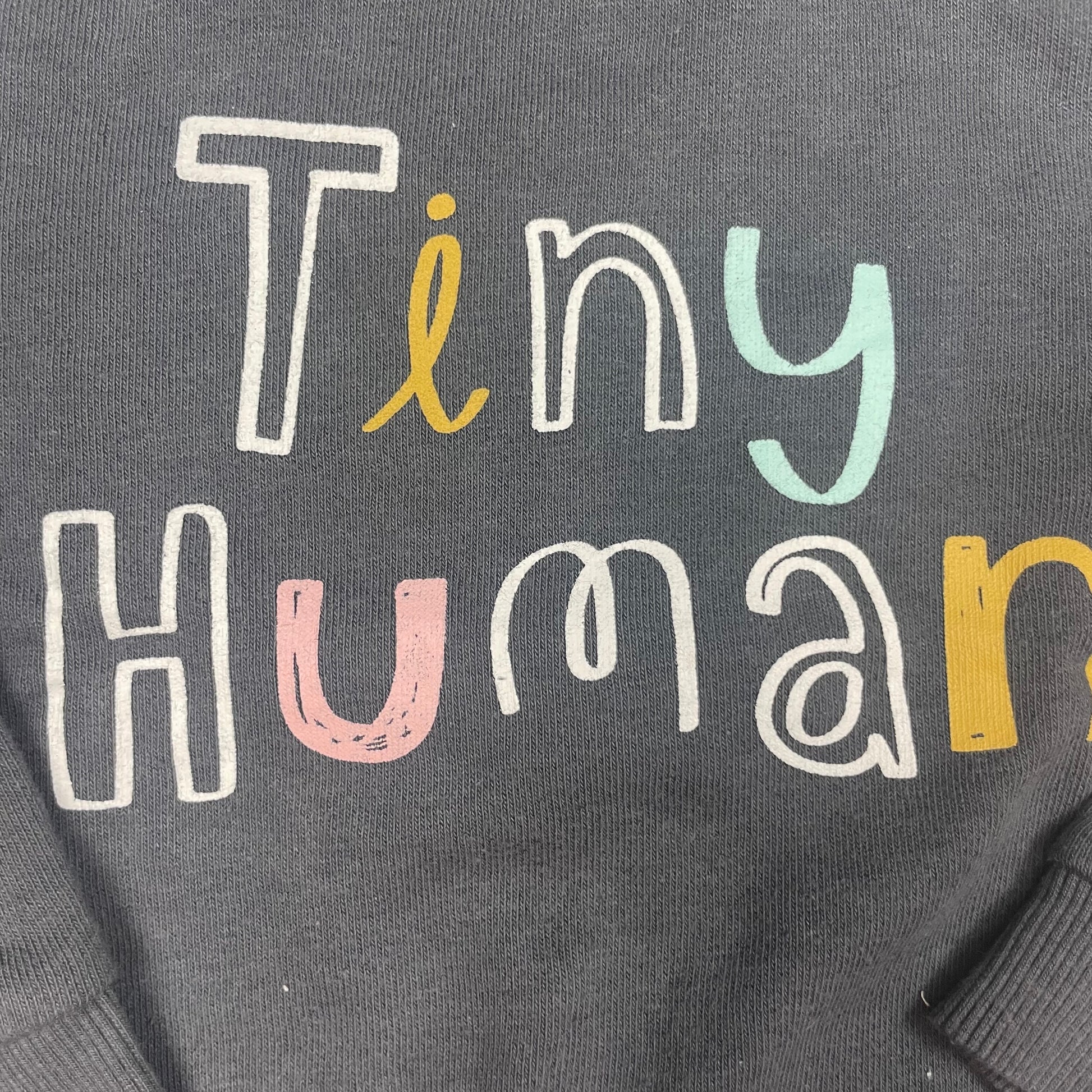 Grauer Pullover mit bunter `Tiny Human` Aufschrift auf der Vorderseite – detail