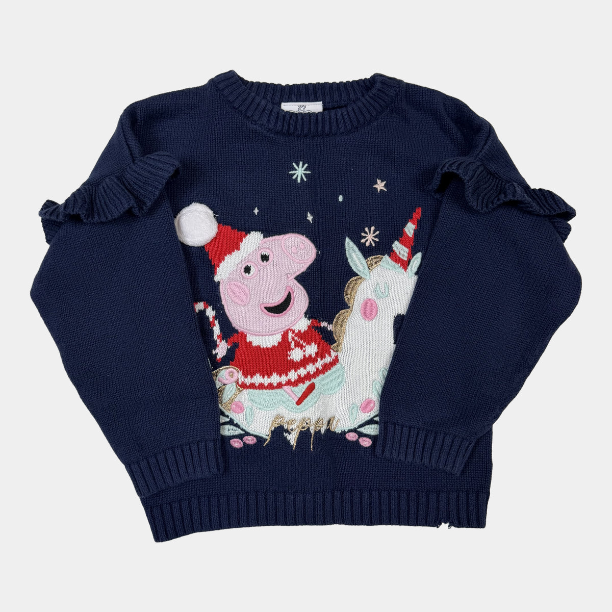 Dunkelblauer Kinder-Strickpullover mit Peppa-Wintermotiv, Einhorn und Rüschen an den Schultern – front