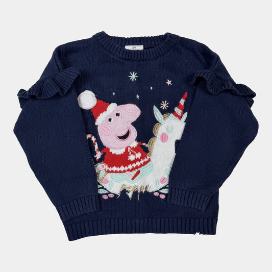 Dunkelblauer Kinder-Strickpullover mit Peppa-Wintermotiv, Einhorn und Rüschen an den Schultern – front