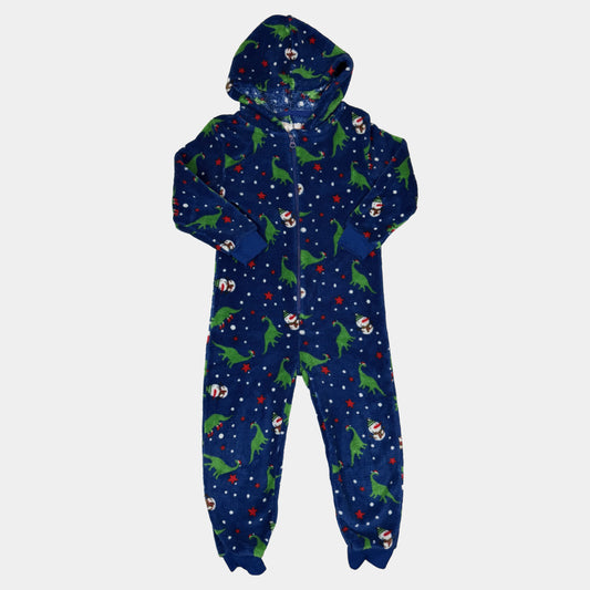 Blauer Fleece-Overall für Kinder mit Kapuze, Reißverschluss und Dino- sowie Schneemann-Print – front
