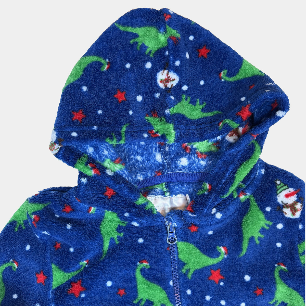 Blauer Fleece-Overall für Kinder mit Kapuze, Reißverschluss und Dino- sowie Schneemann-Print – detail