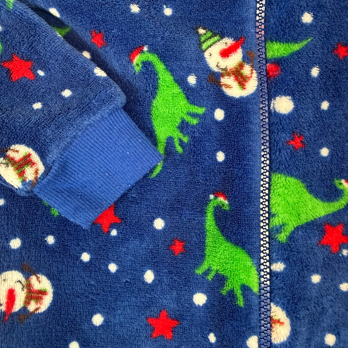 Blauer Fleece-Overall für Kinder mit Kapuze, Reißverschluss und Dino- sowie Schneemann-Print – fabric