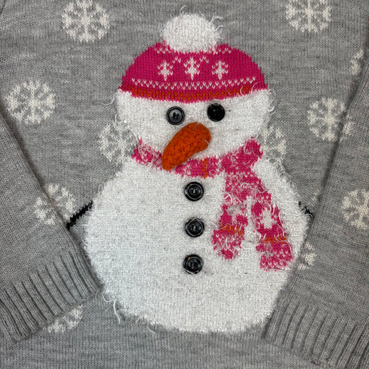 Grauer Kinder-Strickpullover mit Schneemann-Motiv und Schneeflocken – detail